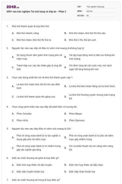 600+ câu trắc nghiệm Tai mũi họng có đáp án - Phần 2