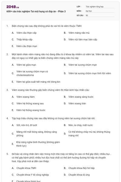 600+ câu trắc nghiệm Tai mũi họng có đáp án - Phần 3