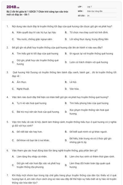 Bộ 2 đề thi giữa kì 1 GDCD 7 Chân trời sáng tạo cấu trúc mới có đáp án - Đề 1