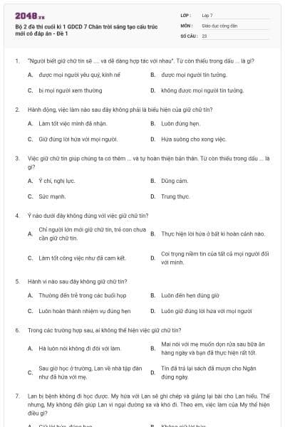 Bộ 2 đề thi cuối kì 1 GDCD 7 Chân trời sáng tạo cấu trúc mới có đáp án - Đề 1