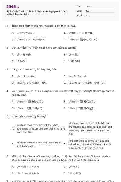 Bộ 5 đề thi Cuối kì 1 Toán 8 Chân trời sáng tạo cấu trúc mới có đáp án - Đề 1