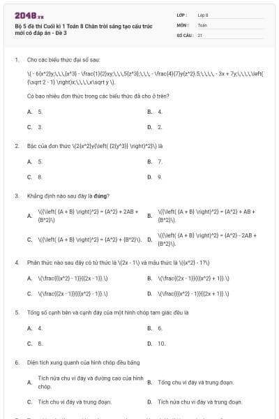 Bộ 5 đề thi Cuối kì 1 Toán 8 Chân trời sáng tạo cấu trúc mới có đáp án - Đề 3