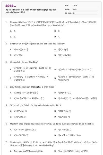 Bộ 5 đề thi Cuối kì 1 Toán 8 Chân trời sáng tạo cấu trúc mới có đáp án - Đề 4
