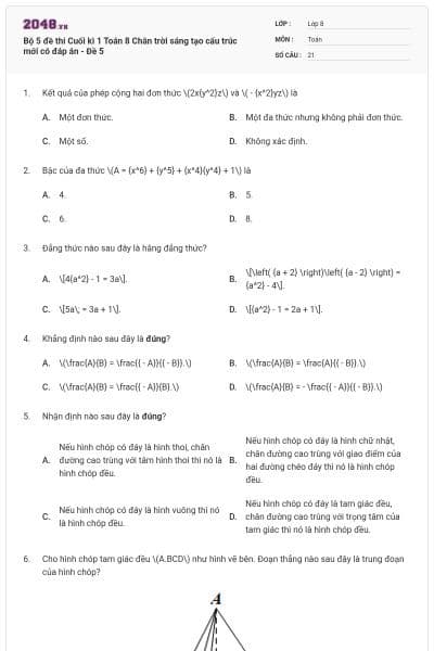 Bộ 5 đề thi Cuối kì 1 Toán 8 Chân trời sáng tạo cấu trúc mới có đáp án - Đề 5