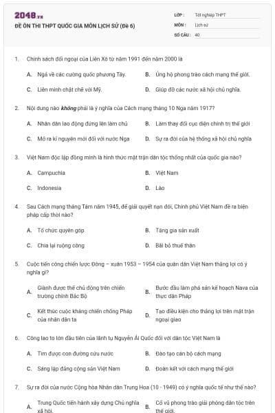 ĐỀ ÔN THI THPT QUỐC GIA MÔN LỊCH SỬ (Đề 6)