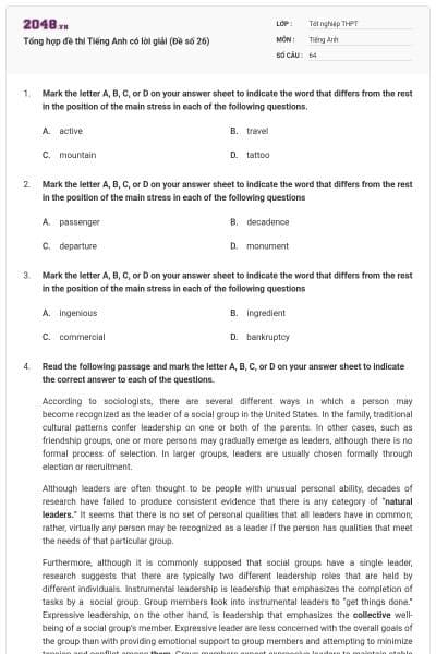 Tổng hợp đề thi Tiếng Anh có lời giải (Đề số 26)