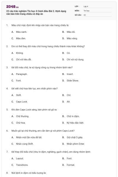 22 câu trắc nghiệm Tin học 4 Cánh diều Bài 2. Định dạng văn bản trên trang chiếu có đáp án