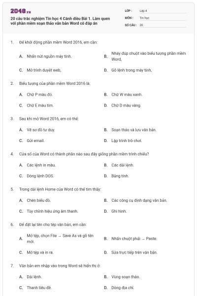 20 câu trắc nghiệm Tin học 4 Cánh diều Bài 1. Làm quen với phần mềm soạn thảo văn bản Word có đáp án