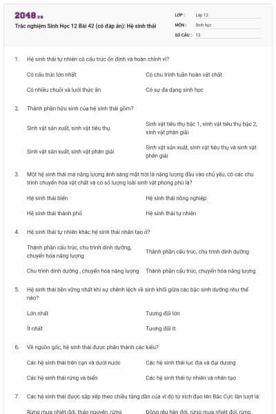Trắc nghiệm Sinh Học 12 Bài 42 (có đáp án): Hệ sinh thái