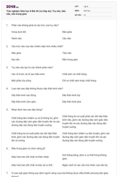 Trắc nghiệm Sinh học 8 Bài 46 (có đáp án): Trụ não, tiểu não, não trung gian