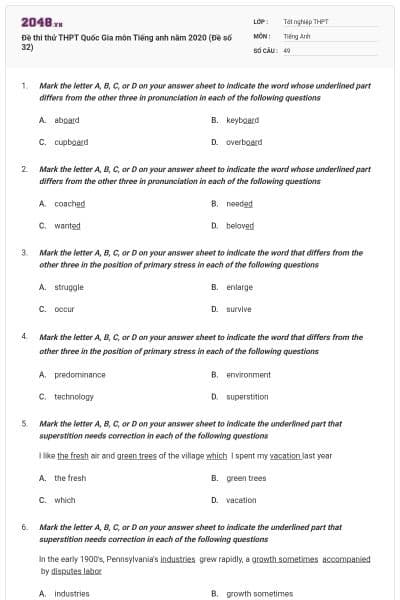 Đề thi thử THPT Quốc Gia môn Tiếng anh năm 2020 (Đề số 32)