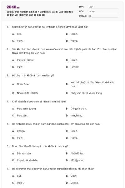 20 câu trắc nghiệm Tin học 4 Cánh diều Bài 6: Các thao tác cơ bản với khối văn bản có đáp án