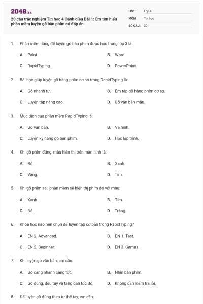 20 câu trắc nghiệm Tin học 4 Cánh diều Bài 1: Em tìm hiểu phần mềm luyện gõ bàn phím có đáp án