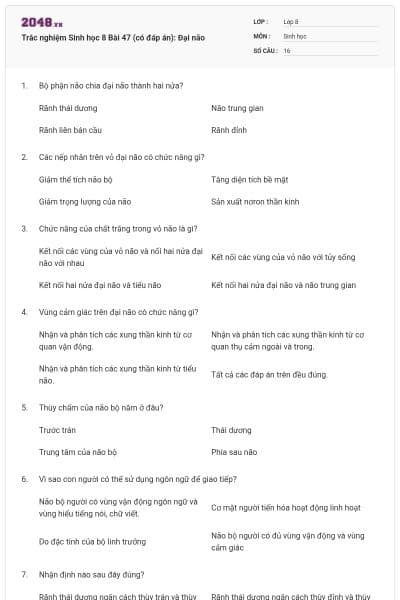 Trắc nghiệm Sinh học 8 Bài 47 (có đáp án): Đại não