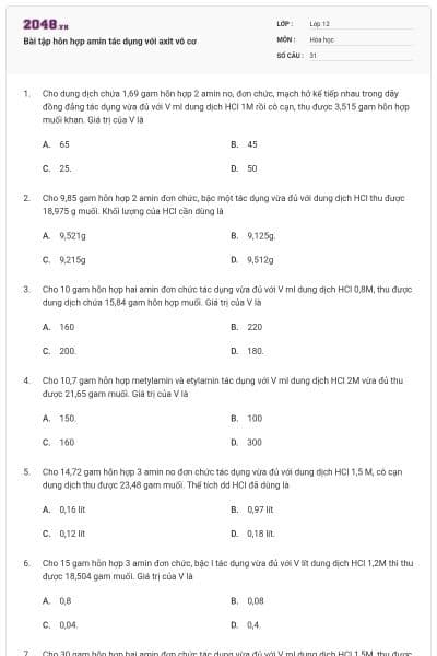 Bài tập hỗn hợp amin tác dụng với axit vô cơ