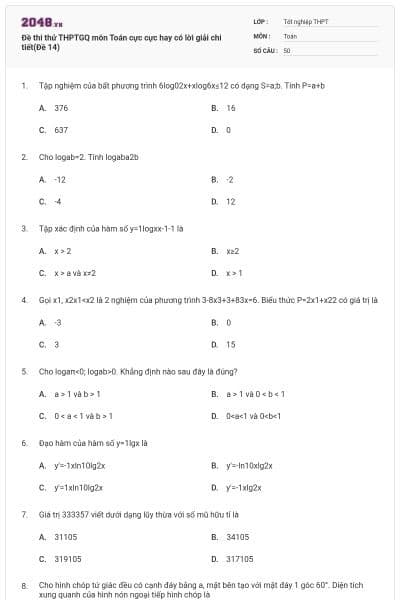 Đề thi thử THPTGQ môn Toán cực cực hay có lời giải chi tiết(Đề 14)