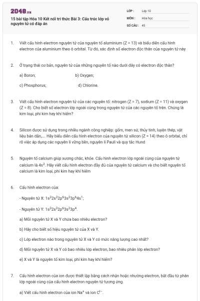 15 bài tập Hóa 10 Kết nối tri thức Bài 3: Cấu trúc lớp vỏ nguyên tử có đáp án