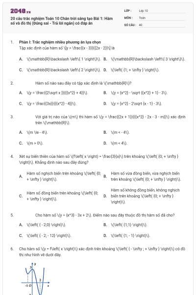 20 câu trắc nghiệm Toán 10 Chân trời sáng tạo Bài 1: Hàm số và đồ thị (Đúng sai - Trả lời ngắn) có đáp án