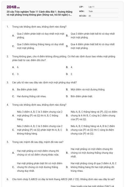 20 câu Trắc nghiệm Toán 11 Cánh diều Bài 1. Đường thẳng và mặt phẳng trong không gian (Đúng-sai, trả lời ngắn) có đáp án