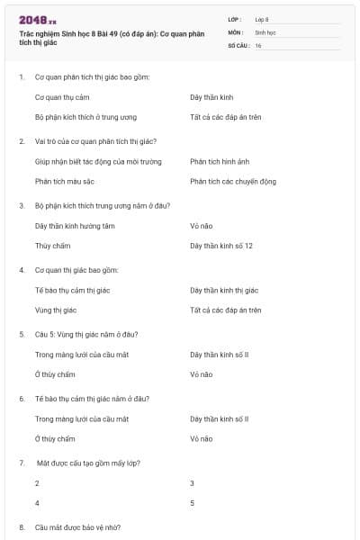 Trắc nghiệm Sinh học 8 Bài 49 (có đáp án): Cơ quan phân tích thị giác