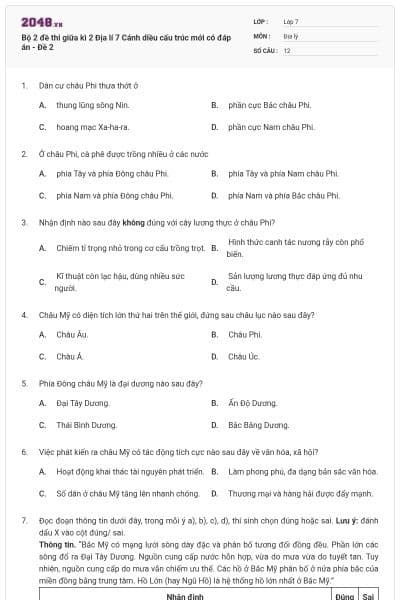 Bộ 2 đề thi giữa kì 2 Địa lí 7 Cánh diều cấu trúc mới có đáp án - Đề 2