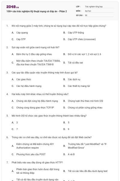 100+ câu trắc nghiệm Kỹ thuật mạng có đáp án - Phần 2