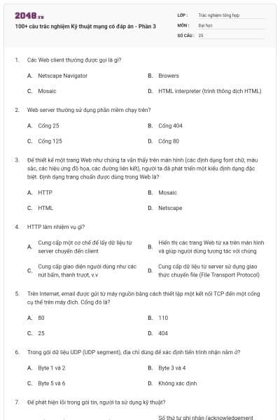 100+ câu trắc nghiệm Kỹ thuật mạng có đáp án - Phần 3