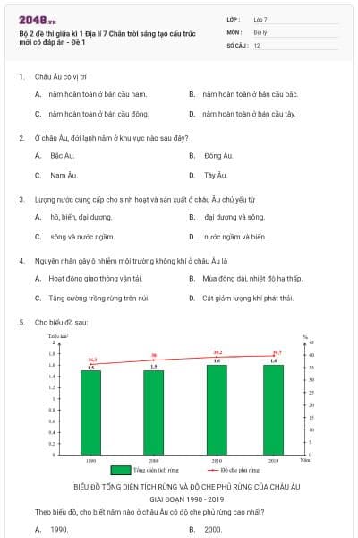 Bộ 2 đề thi giữa kì 1 Địa lí 7 Chân trời sáng tạo cấu trúc mới có đáp án - Đề 1