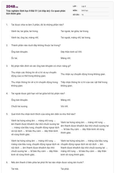 Trắc nghiệm Sinh học 8 Bài 51 (có đáp án): Cơ quan phân tích thính giác