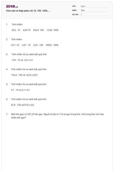 Chia một số thập phân với 10, 100, 1000, ...