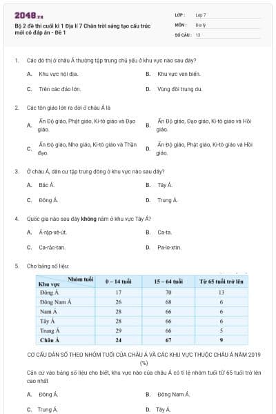 Bộ 2 đề thi cuối kì 1 Địa lí 7 Chân trời sáng tạo cấu trúc mới có đáp án - Đề 1