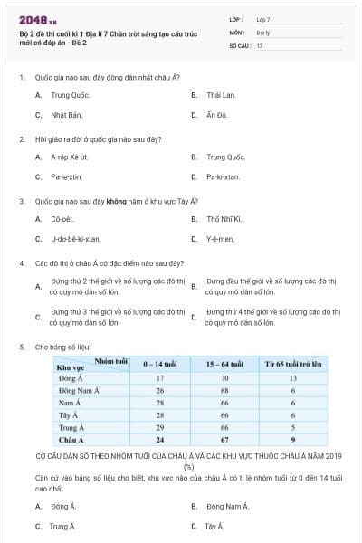 Bộ 2 đề thi cuối kì 1 Địa lí 7 Chân trời sáng tạo cấu trúc mới có đáp án - Đề 2