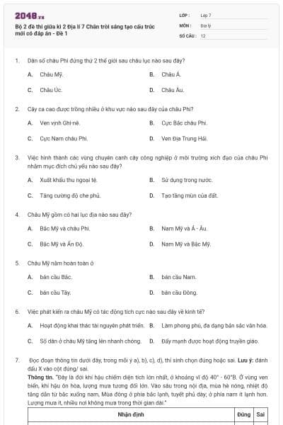 Bộ 2 đề thi giữa kì 2 Địa lí 7 Chân trời sáng tạo cấu trúc mới có đáp án - Đề 1