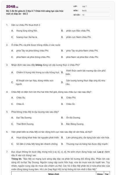 Bộ 2 đề thi giữa kì 2 Địa lí 7 Chân trời sáng tạo cấu trúc mới có đáp án - Đề 2