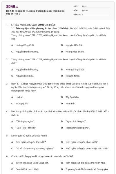 Bộ 2 đề thi cuối kì 1 Lịch sử 8 Cánh diều cấu trúc mới có đáp án - Đề 2