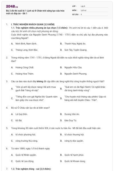 Bộ 2 đề thi cuối kì 1 Lịch sử 8 Chân trời sáng tạo cấu trúc mới có đáp án - Đề 1