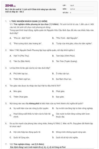 Bộ 2 đề thi cuối kì 1 Lịch sử 8 Chân trời sáng tạo cấu trúc mới có đáp án - Đề 2
