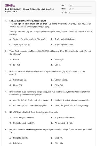 Bộ 2 đề thi giữa kì 1 Lịch sử 8 Cánh diều cấu trúc mới có đáp án - Đề 1