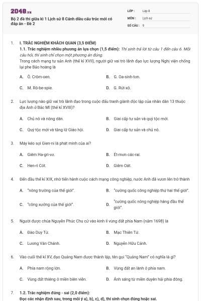 Bộ 2 đề thi giữa kì 1 Lịch sử 8 Cánh diều cấu trúc mới có đáp án - Đề 2