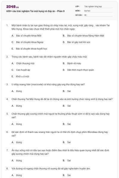 600+ câu trắc nghiệm Tai mũi họng có đáp án - Phần 8