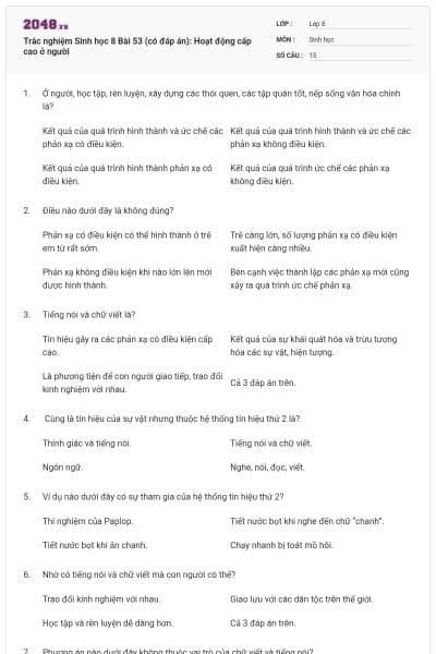 Trắc nghiệm Sinh học 8 Bài 53 (có đáp án): Hoạt động cấp cao ở người
