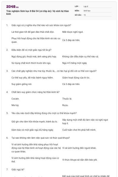 Trắc nghiệm Sinh học 8 Bài 54 (có đáp án): Vệ sinh hệ thần kinh