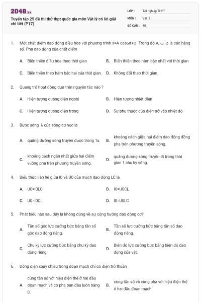 Tuyển tập 25 đề thi thử thpt quốc gia môn Vật lý có lời giải chi tiết (P17)