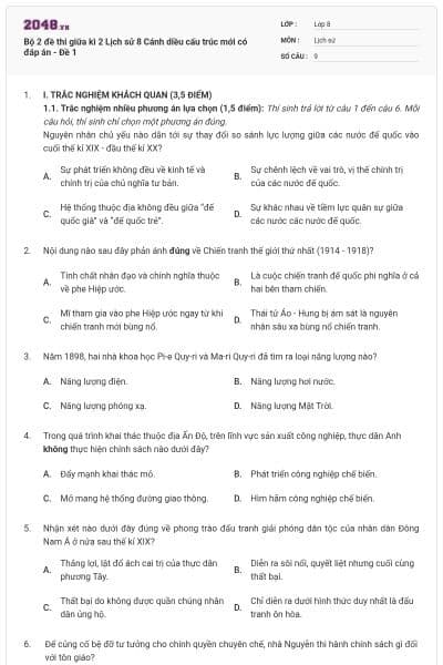 Bộ 2 đề thi giữa kì 2 Lịch sử 8 Cánh diều cấu trúc mới có đáp án - Đề 1