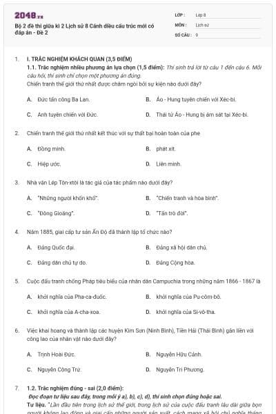Bộ 2 đề thi giữa kì 2 Lịch sử 8 Cánh diều cấu trúc mới có đáp án - Đề 2