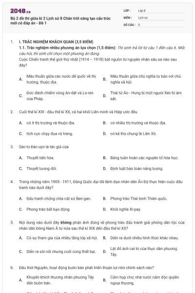 Bộ 2 đề thi giữa kì 2 Lịch sử 8 Chân trời sáng tạo cấu trúc mới có đáp án - Đề 1