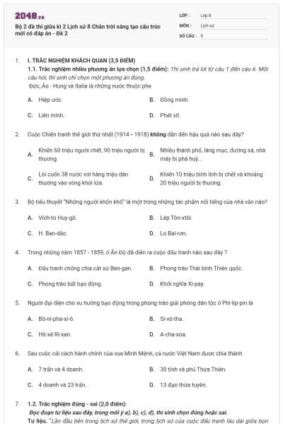 Bộ 2 đề thi giữa kì 2 Lịch sử 8 Chân trời sáng tạo cấu trúc mới có đáp án - Đề 2