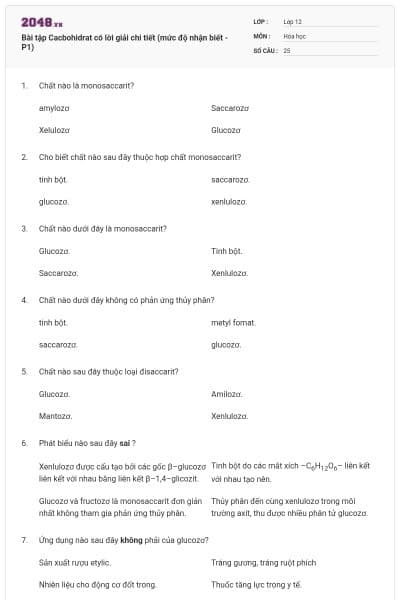 Bài tập Cacbohidrat có lời giải chi tiết (mức độ nhận biết - P1)