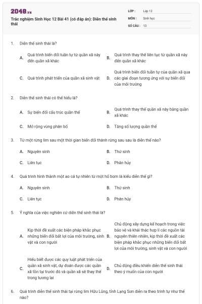 Trắc nghiệm Sinh Học 12 Bài 41 (có đáp án): Diễn thế sinh thái