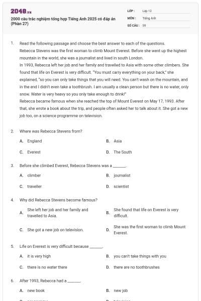 2000 câu trắc nghiệm tổng hợp Tiếng Anh 2025 có đáp án (Phần 27)